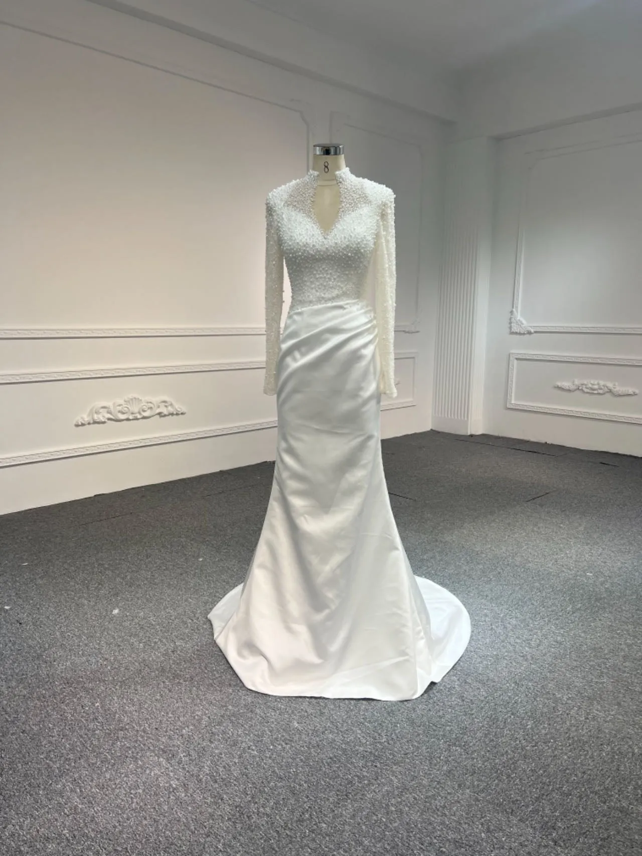BYG24-5 LUXURIOUS BEADED SATIN MERMAID WEDDING DRESS DETACHABLE TRAIN