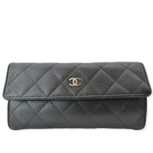 CHANEL Gusset Flap Caviar Leather Wallet Black