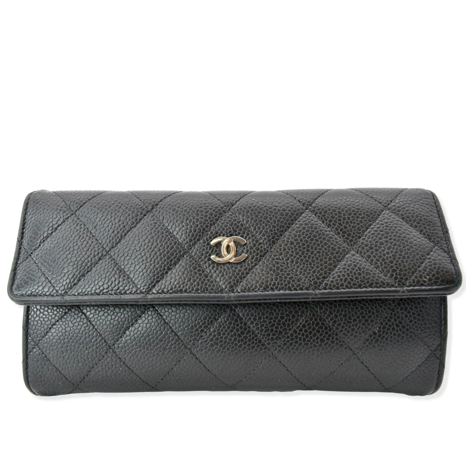 CHANEL Gusset Flap Caviar Leather Wallet Black