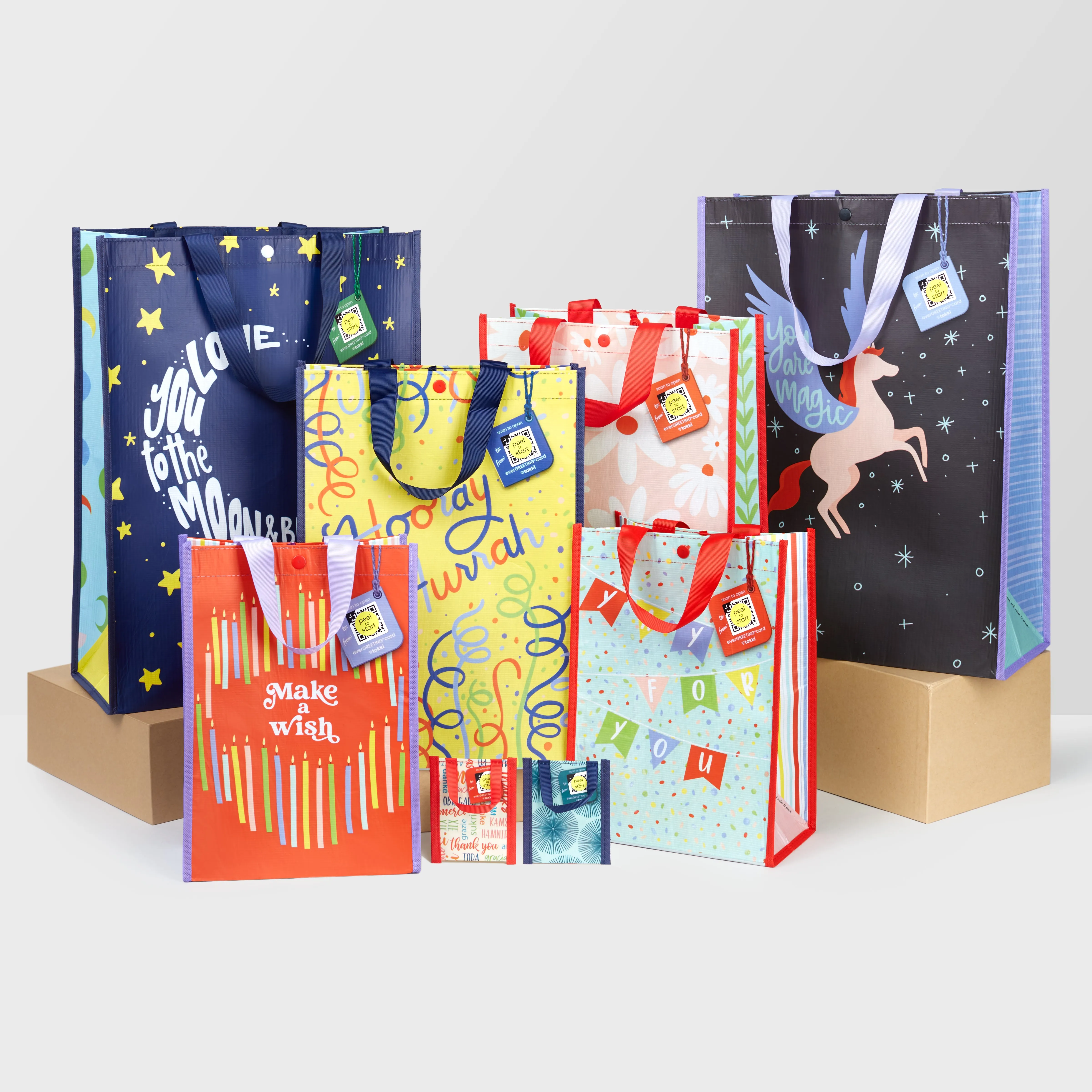 Cheerful Brights Bundle | Reusable Gift Bag   QR Greeting Card | 8 Pieces