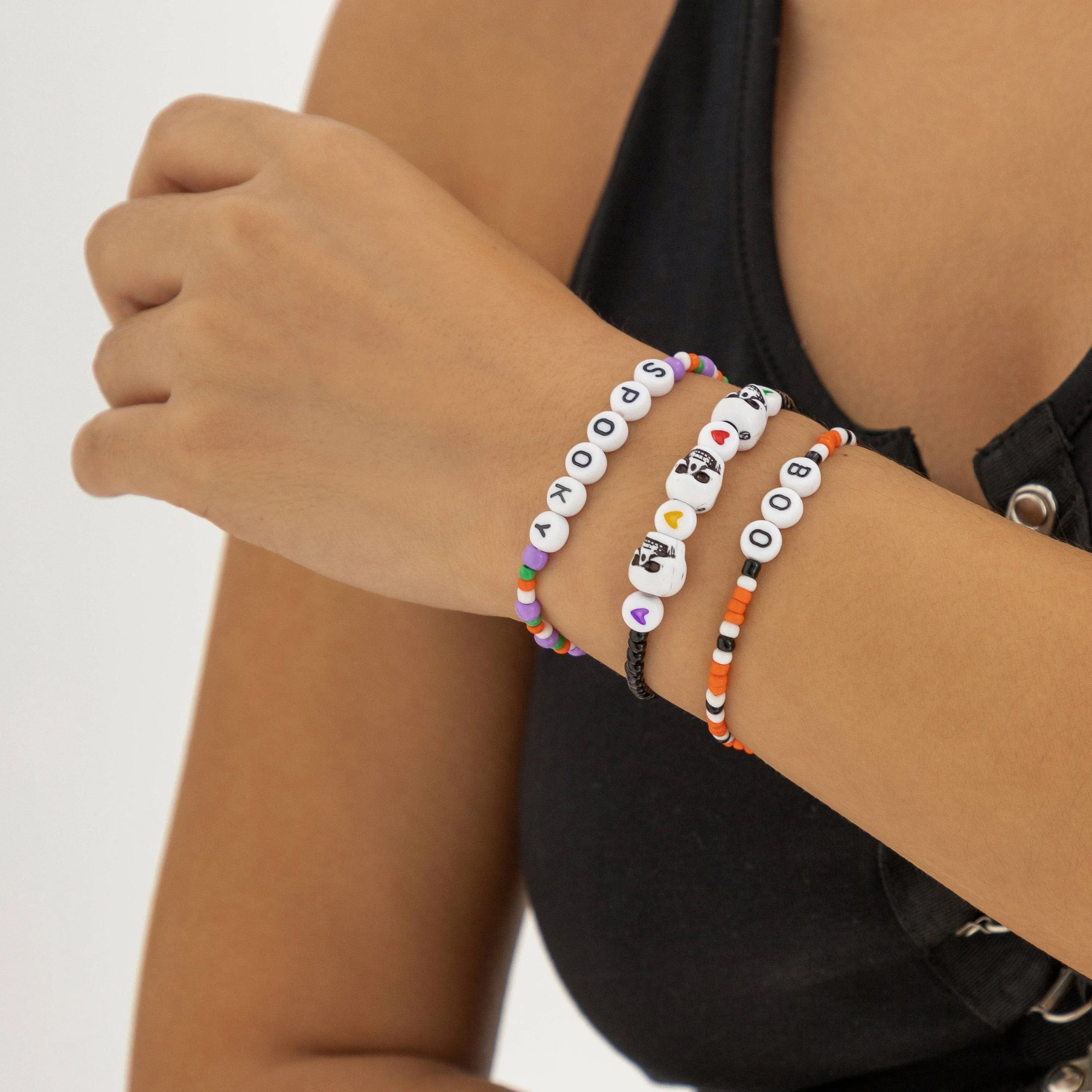 Chic 3 Pieces Letter Heart Charm Seed Bead Stackable Bracelet Set