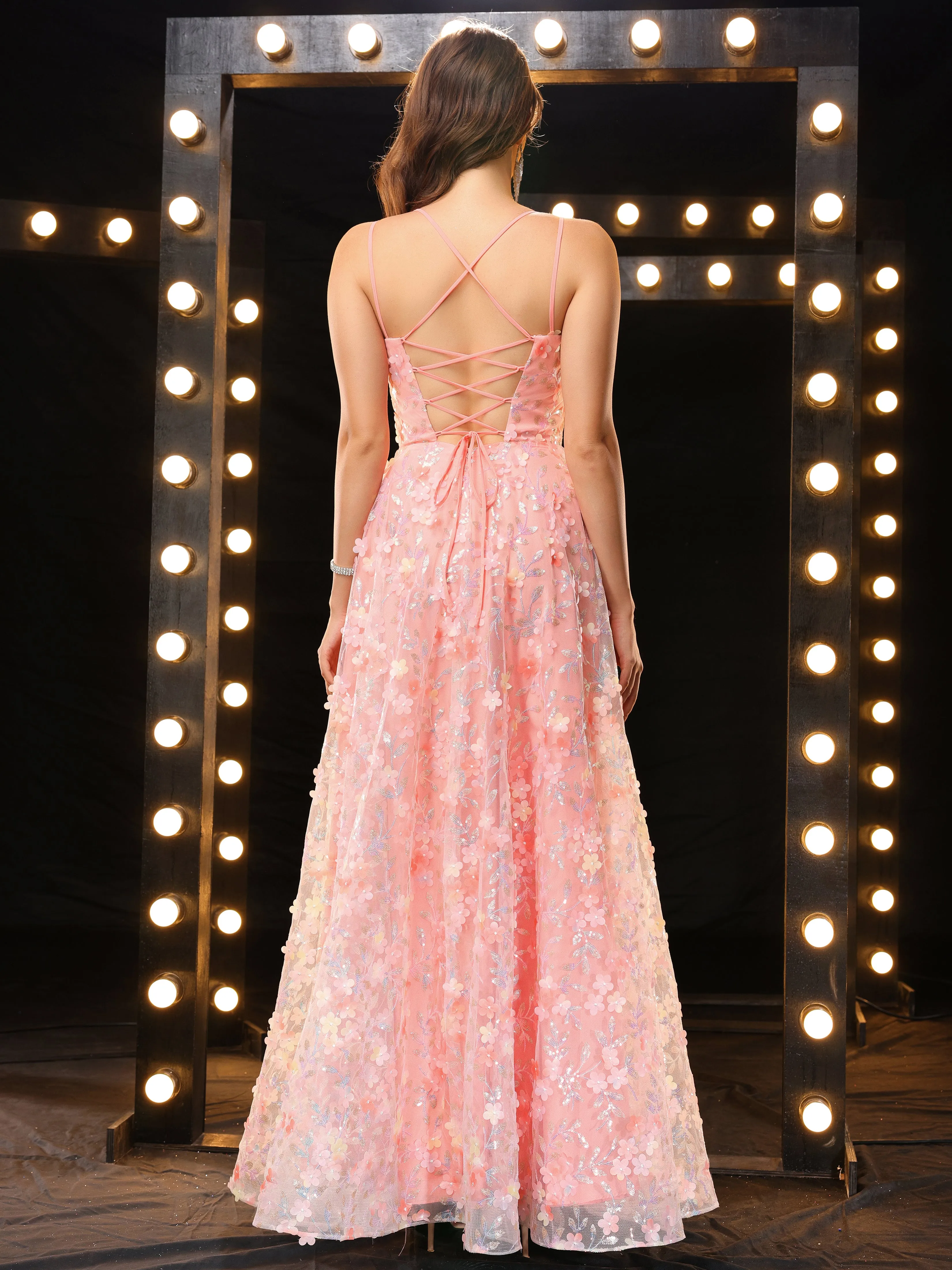 Chic Backless Spaghetti Straps Lace Long Prom Dress