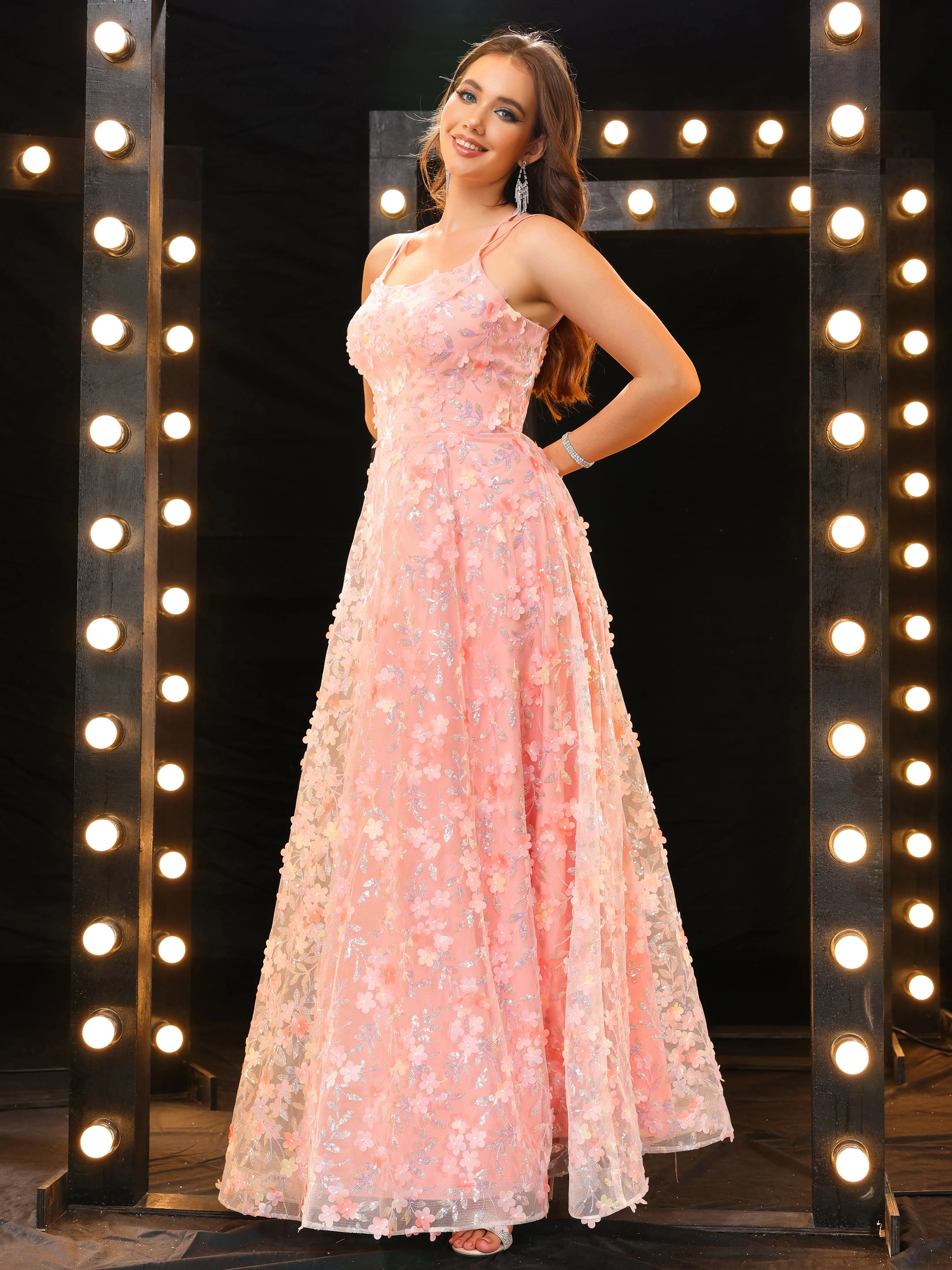 Chic Backless Spaghetti Straps Lace Long Prom Dress