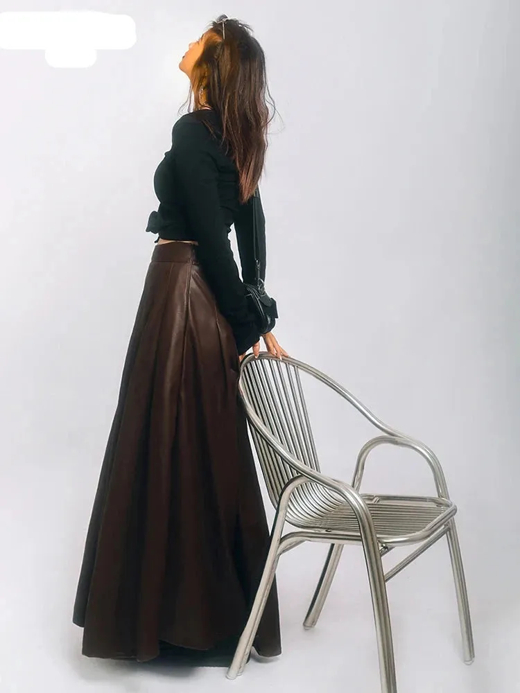 Chic Brown Soft Pu Leather Maxi Pleated Skirt