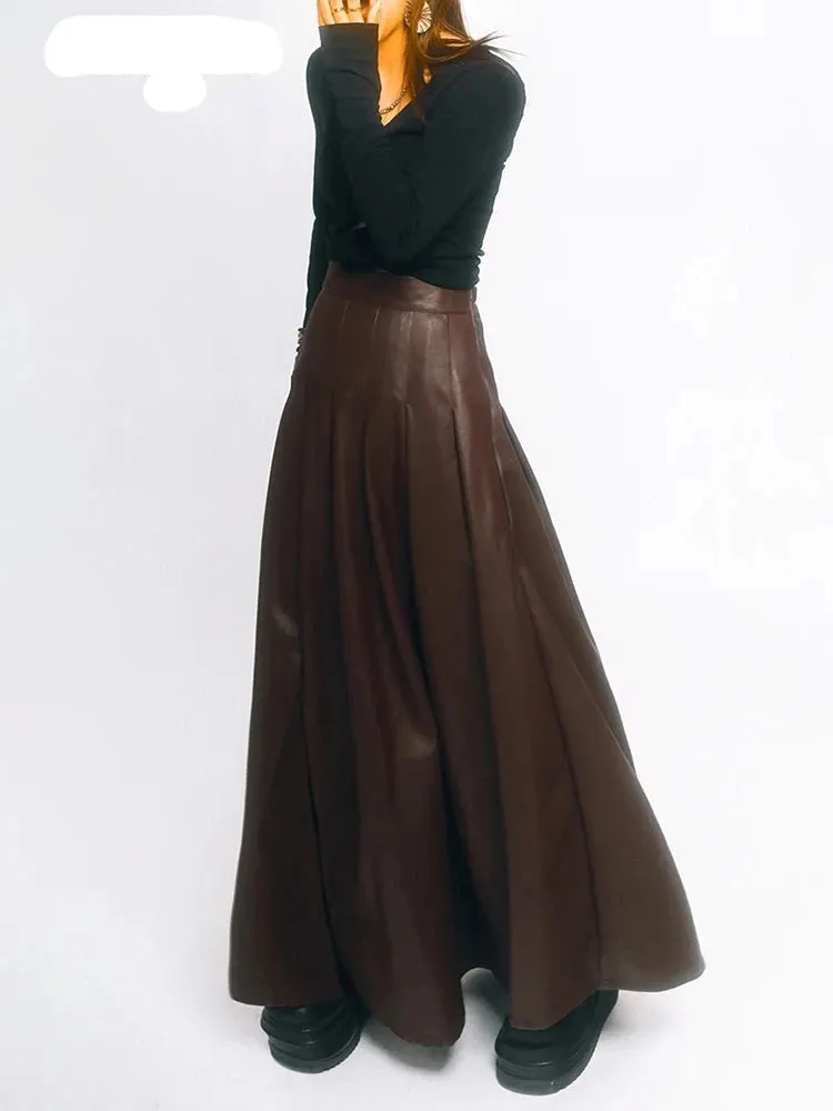 Chic Brown Soft Pu Leather Maxi Pleated Skirt