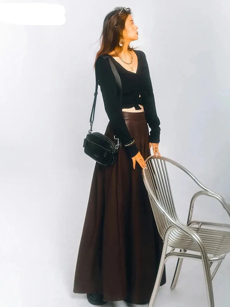 Chic Brown Soft Pu Leather Maxi Pleated Skirt