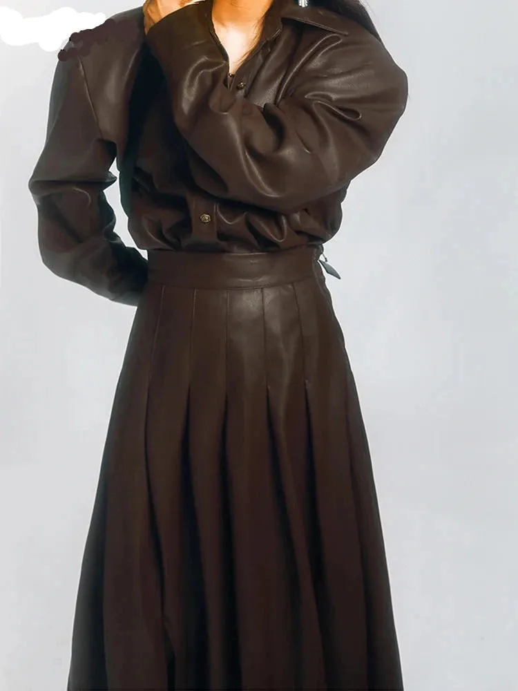Chic Brown Soft Pu Leather Maxi Pleated Skirt