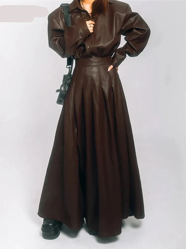 Chic Brown Soft Pu Leather Maxi Pleated Skirt