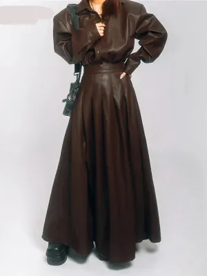 Chic Brown Soft Pu Leather Maxi Pleated Skirt