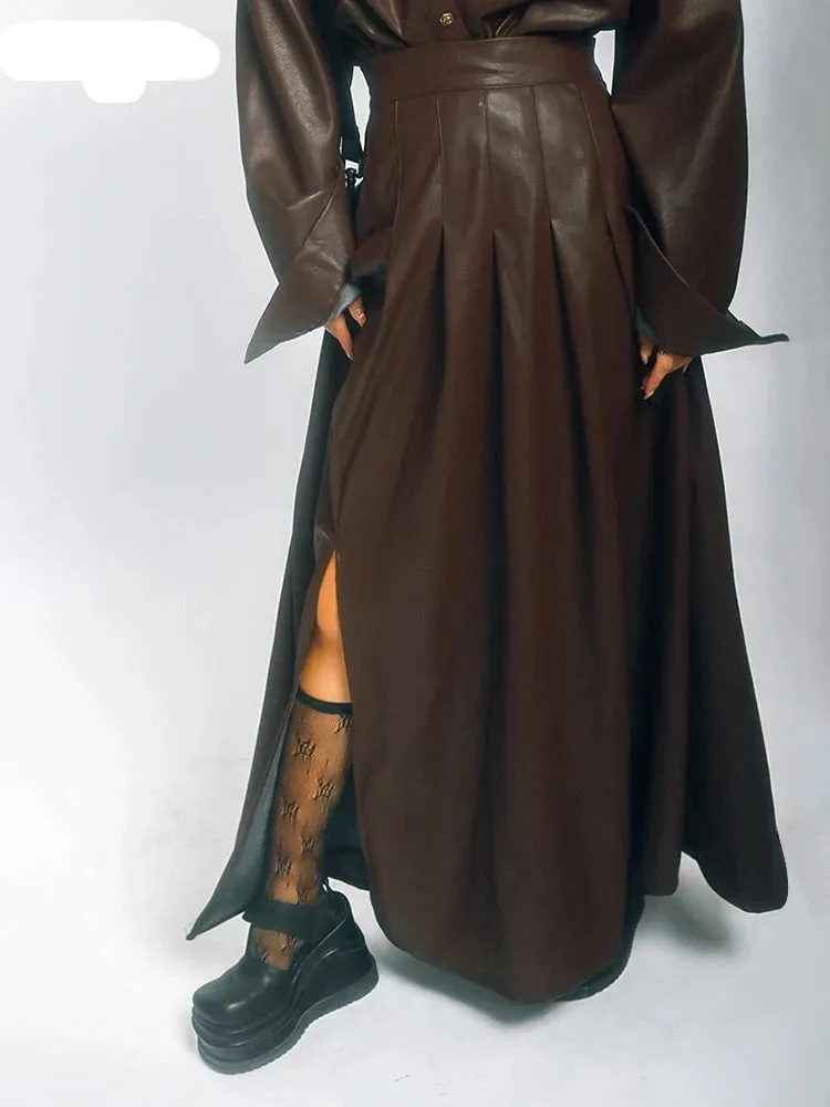 Chic Brown Soft Pu Leather Maxi Pleated Skirt