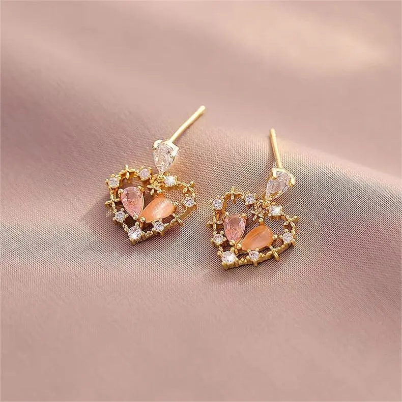Chic CZ Inlaid Crystal Floral Hollow Heart Earrings