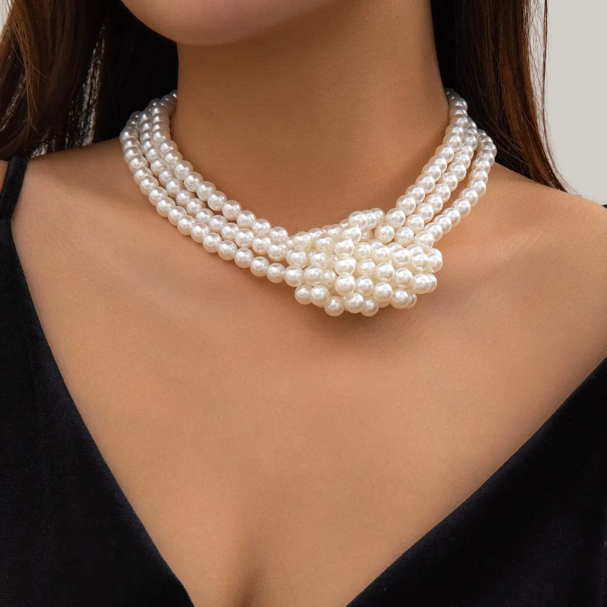 Chic Layered Knotted Pearl Chain Choker Necklace