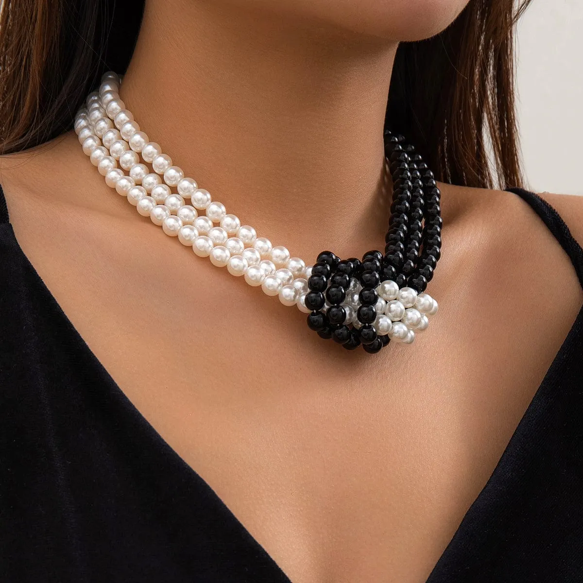 Chic Layered Knotted Pearl Chain Choker Necklace