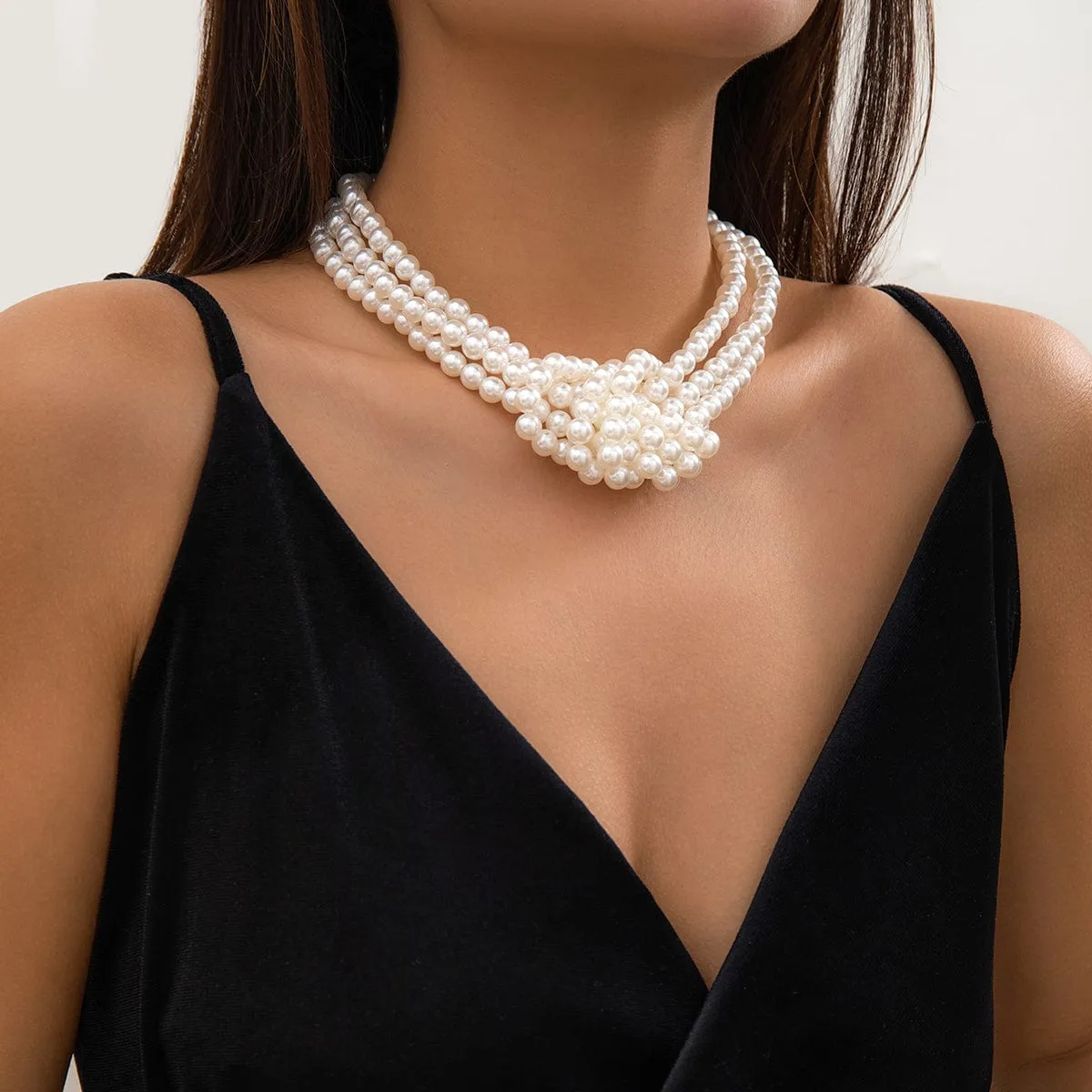 Chic Layered Knotted Pearl Chain Choker Necklace
