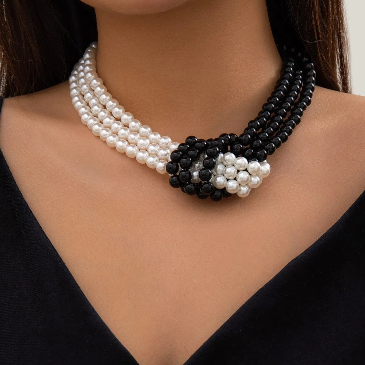 Chic Layered Knotted Pearl Chain Choker Necklace