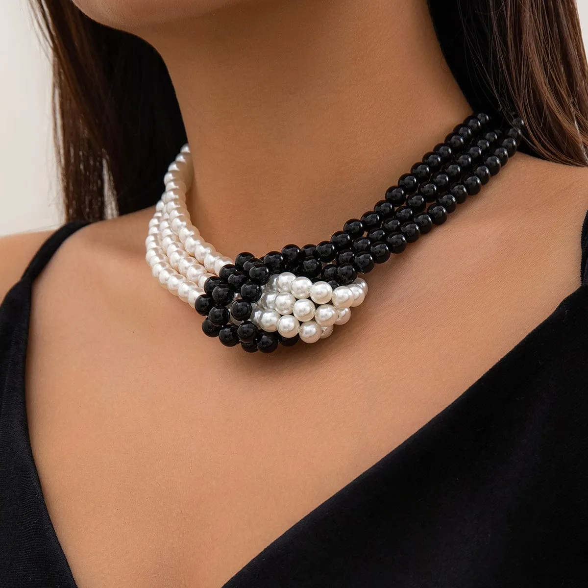 Chic Layered Knotted Pearl Chain Choker Necklace