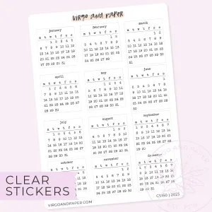 Clear Calendar Stickers Jan-Dec 2025
