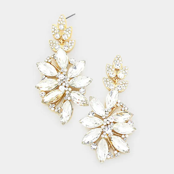Clear Crystal Petal Pageant Earrings on Gold | Prom Earrings| 252557