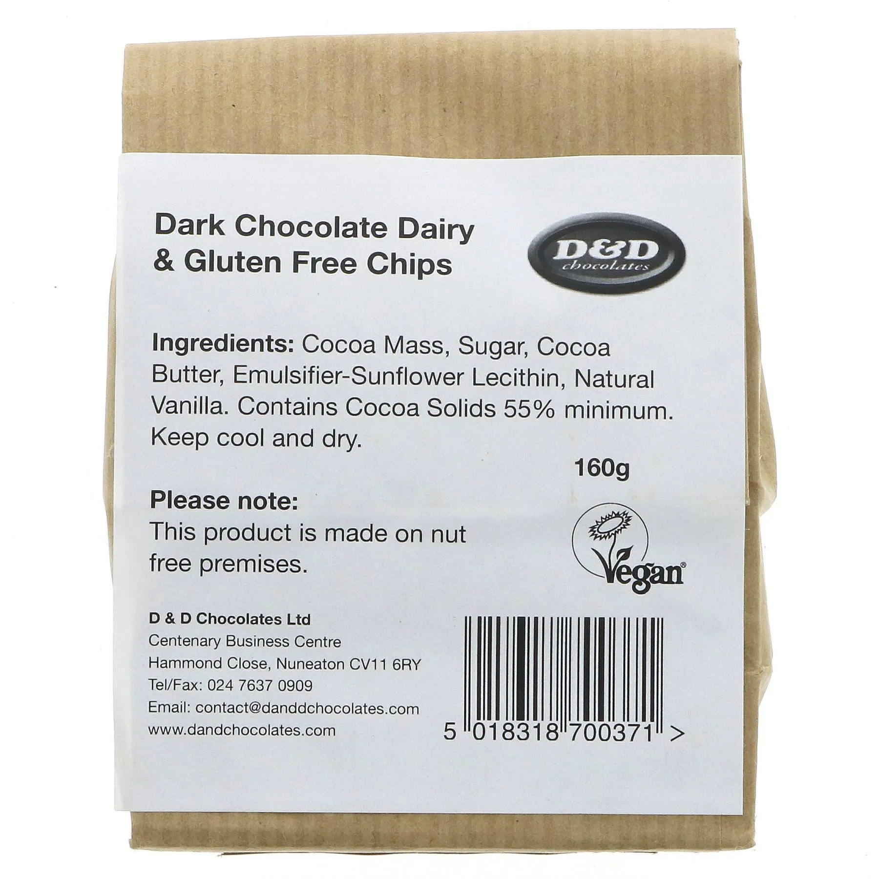 D & D Chocolates | Dairy Free Chocolate Chips | 160G