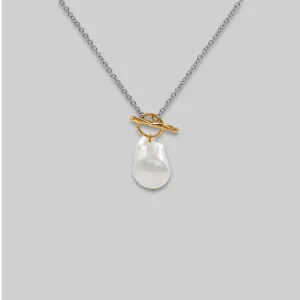 Dainty Pearl Drop Two Tone Plated Toggle Clasp Necklace