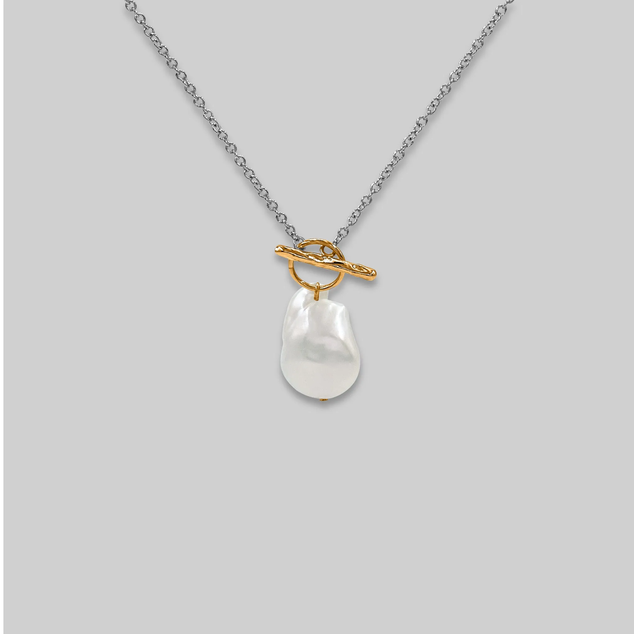 Dainty Pearl Drop Two Tone Plated Toggle Clasp Necklace