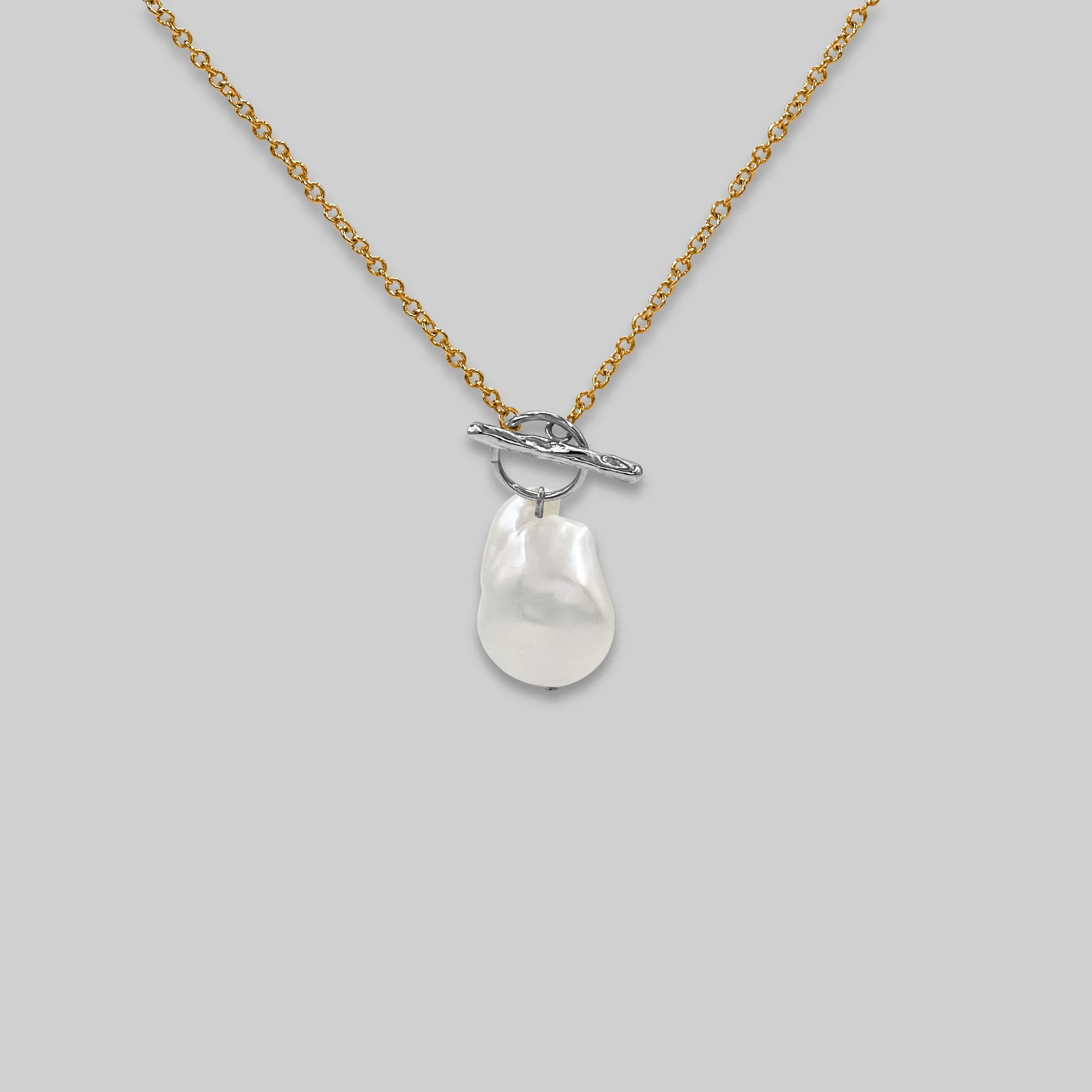 Dainty Pearl Drop Two Tone Plated Toggle Clasp Necklace