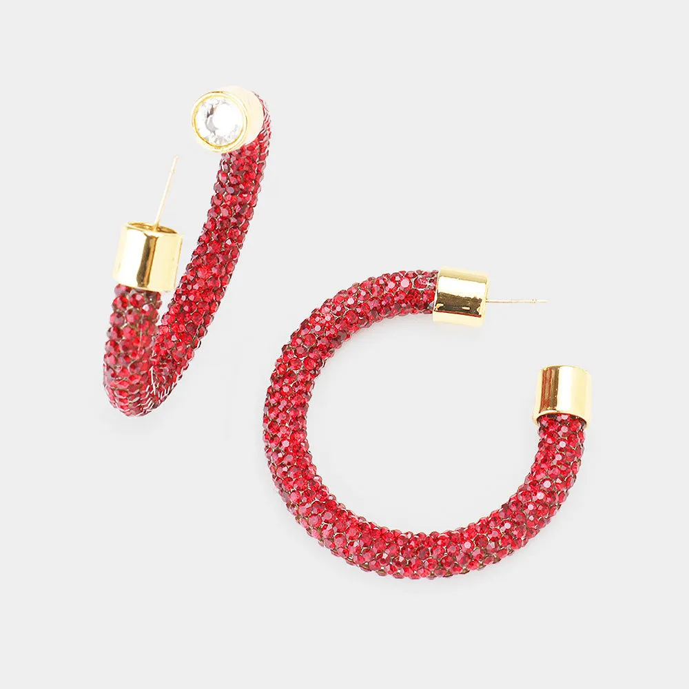 Dark Red Rhinestone Half Hoop Earring | 1.75" | 483003