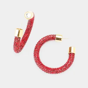 Dark Red Rhinestone Half Hoop Earring | 1.75" | 483003