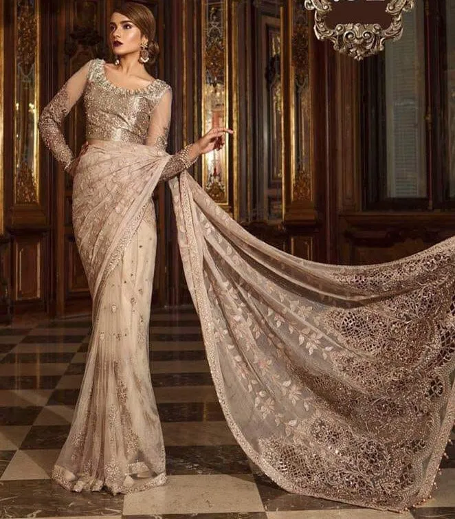 Designer Pakistani Saree In Pink Gold Color Model# C 1718