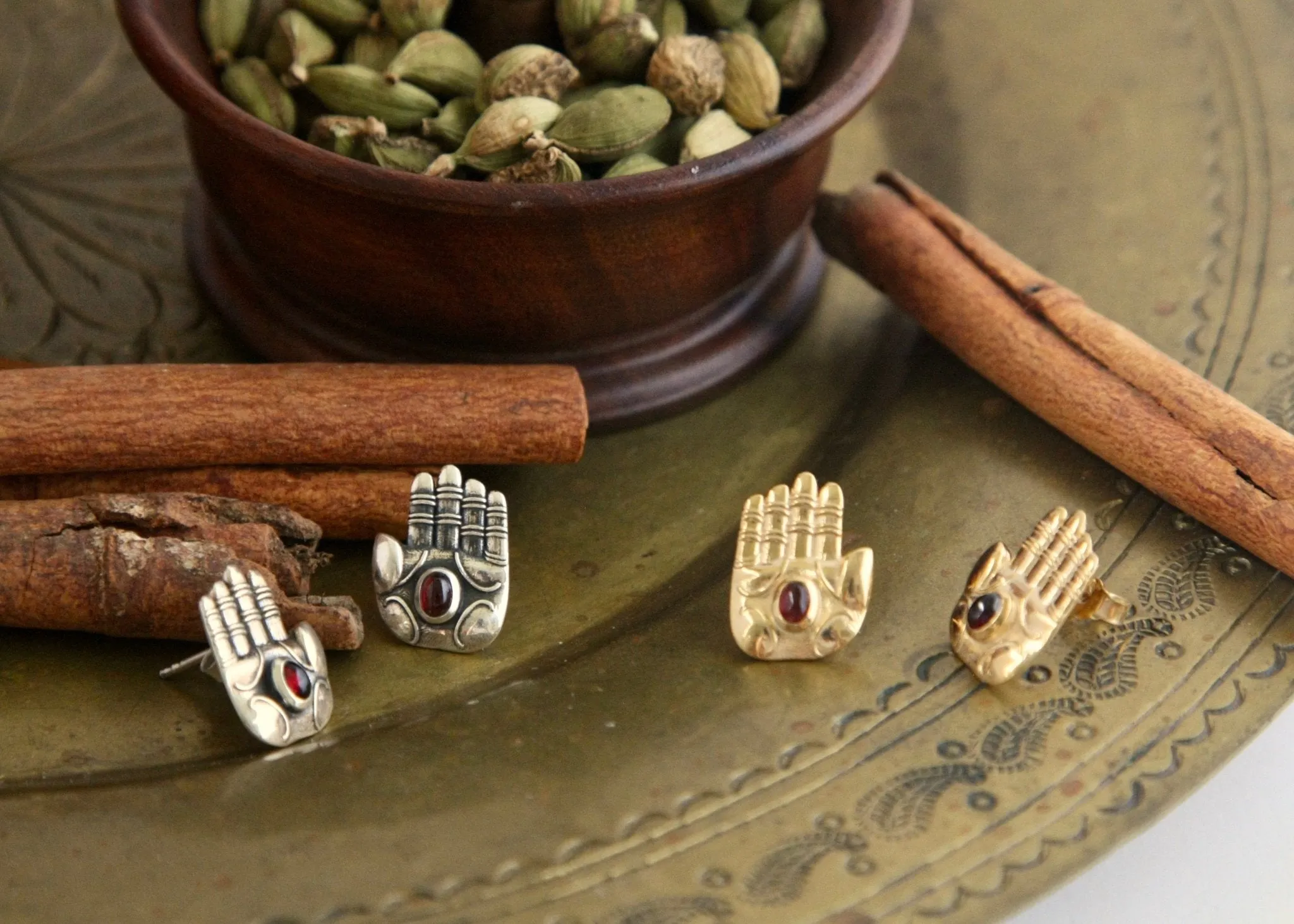 'Divine blessing' ear studs with garnet