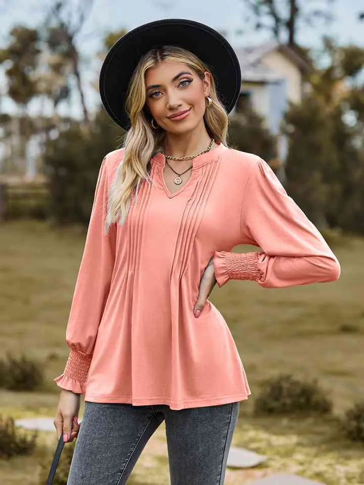 Draden Notched Neck Flounce Sleeve Blouse