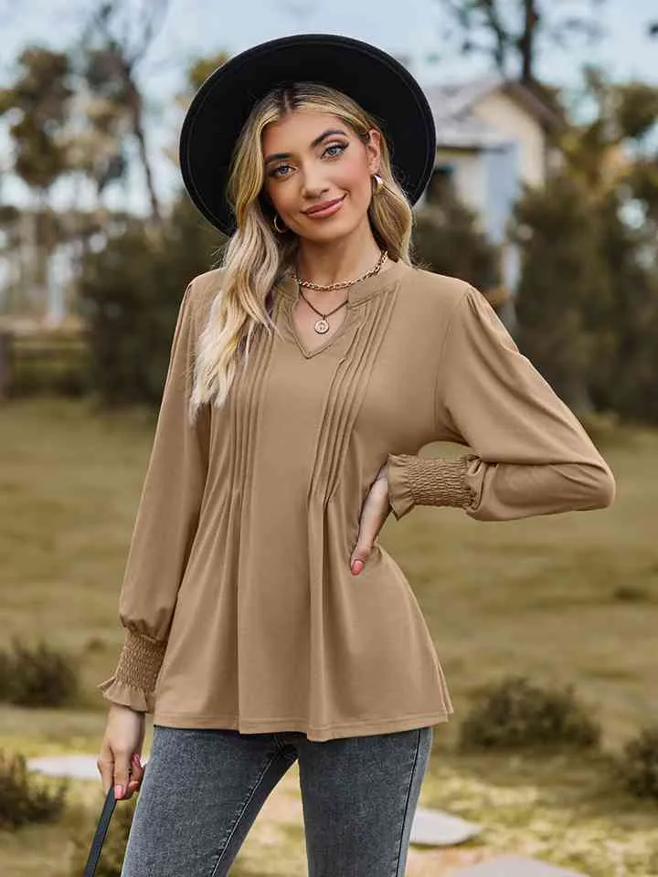 Draden Notched Neck Flounce Sleeve Blouse