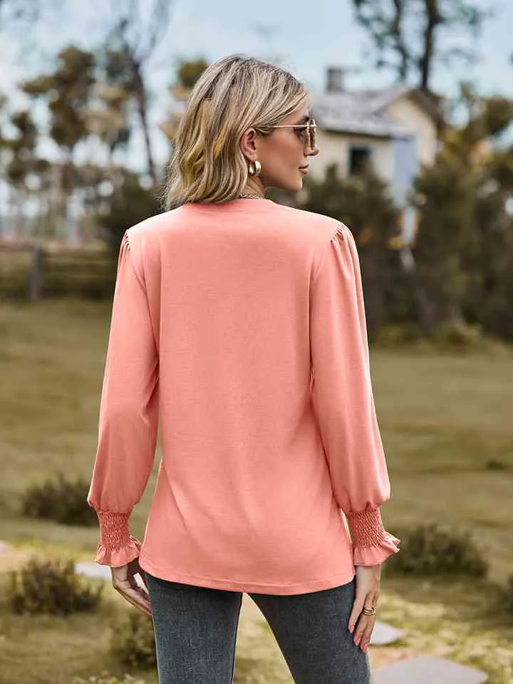 Draden Notched Neck Flounce Sleeve Blouse