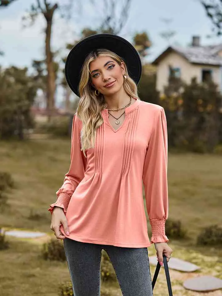 Draden Notched Neck Flounce Sleeve Blouse