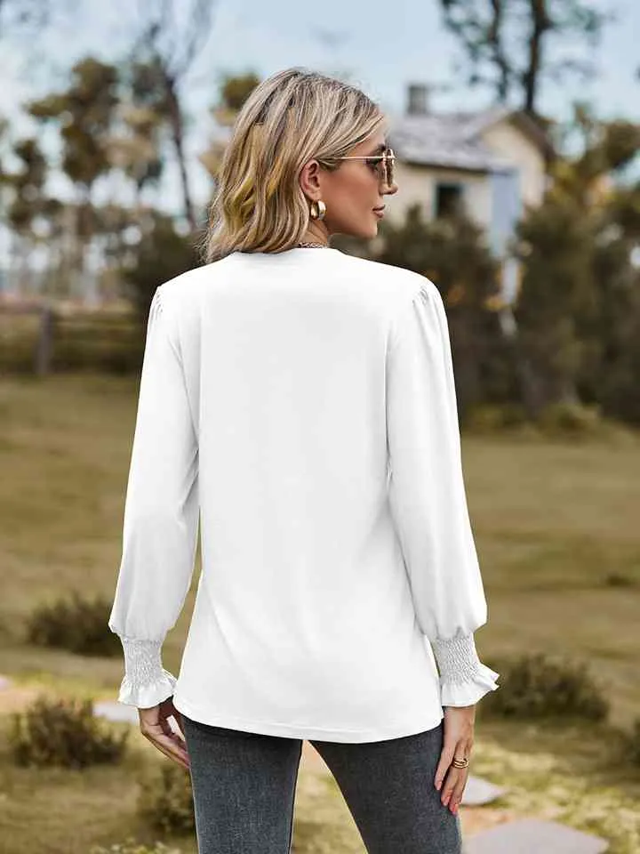 Draden Notched Neck Flounce Sleeve Blouse
