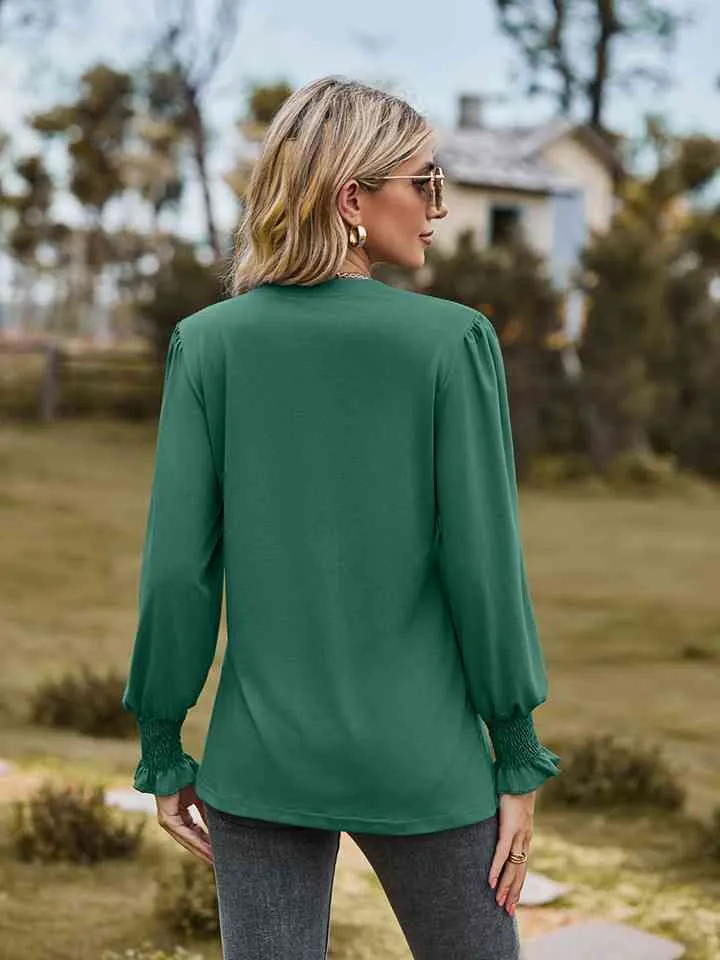 Draden Notched Neck Flounce Sleeve Blouse