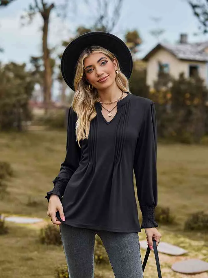 Draden Notched Neck Flounce Sleeve Blouse