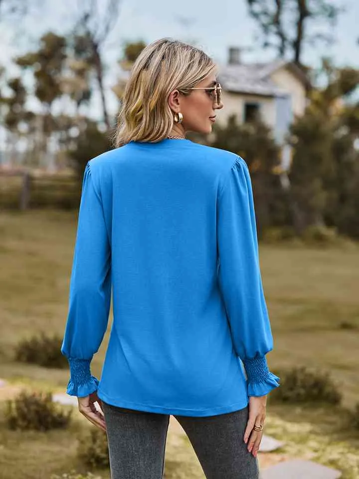 Draden Notched Neck Flounce Sleeve Blouse