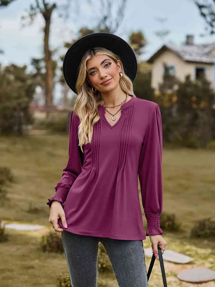 Draden Notched Neck Flounce Sleeve Blouse