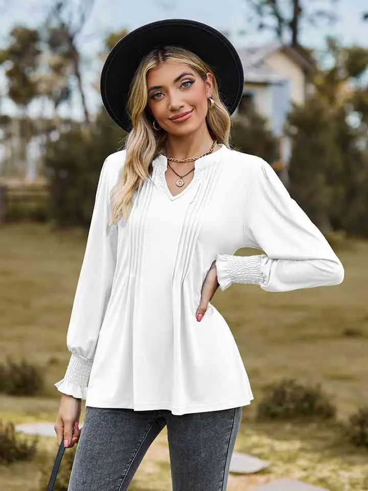 Draden Notched Neck Flounce Sleeve Blouse