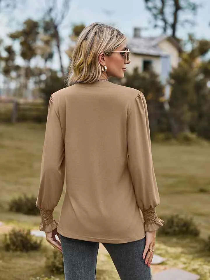 Draden Notched Neck Flounce Sleeve Blouse