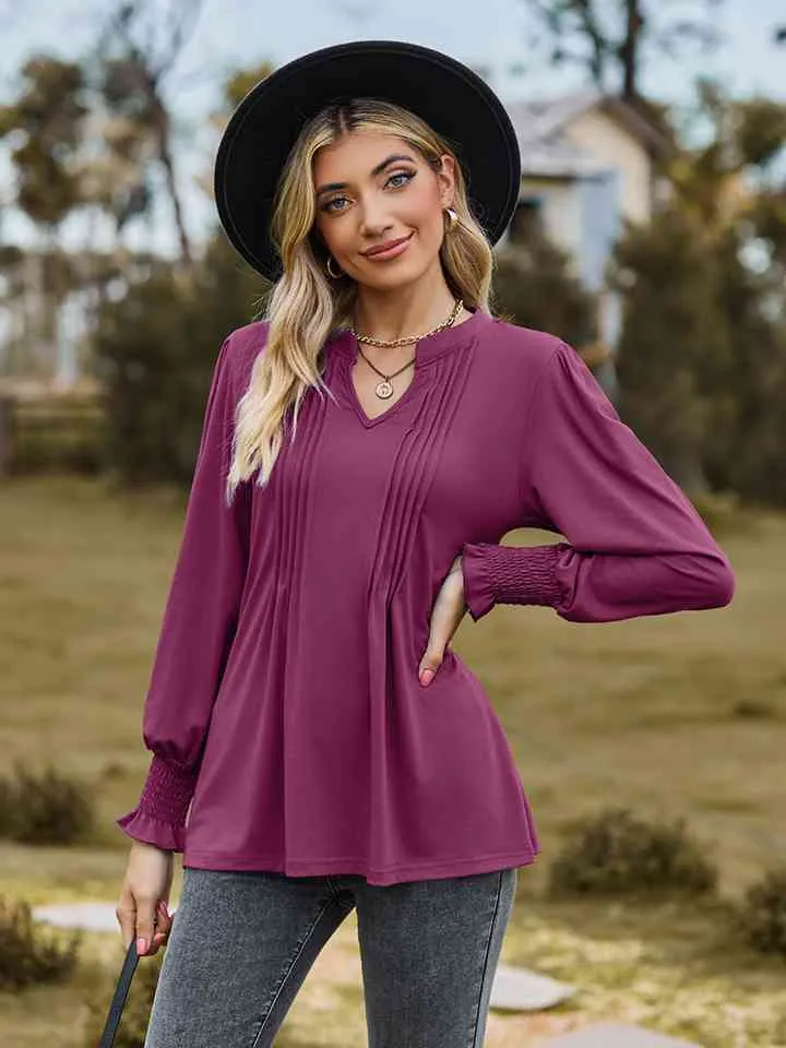 Draden Notched Neck Flounce Sleeve Blouse