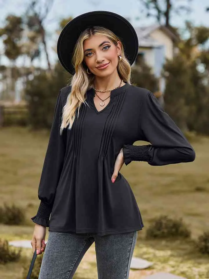Draden Notched Neck Flounce Sleeve Blouse