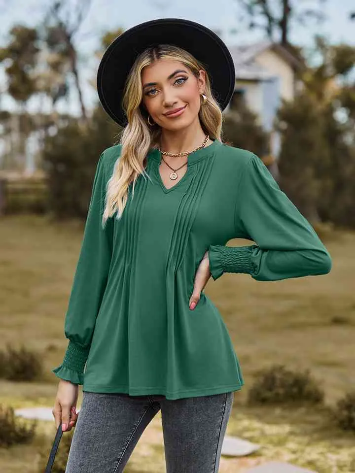 Draden Notched Neck Flounce Sleeve Blouse