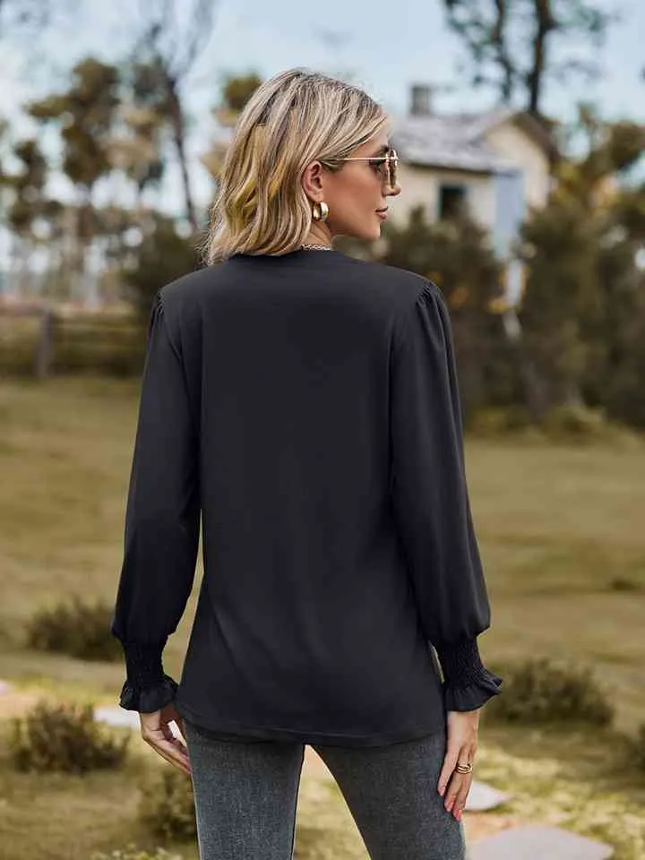 Draden Notched Neck Flounce Sleeve Blouse