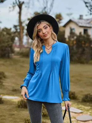Draden Notched Neck Flounce Sleeve Blouse