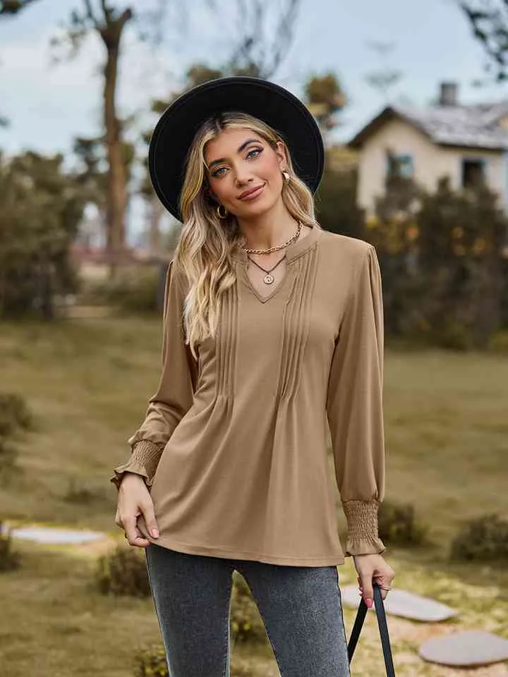 Draden Notched Neck Flounce Sleeve Blouse