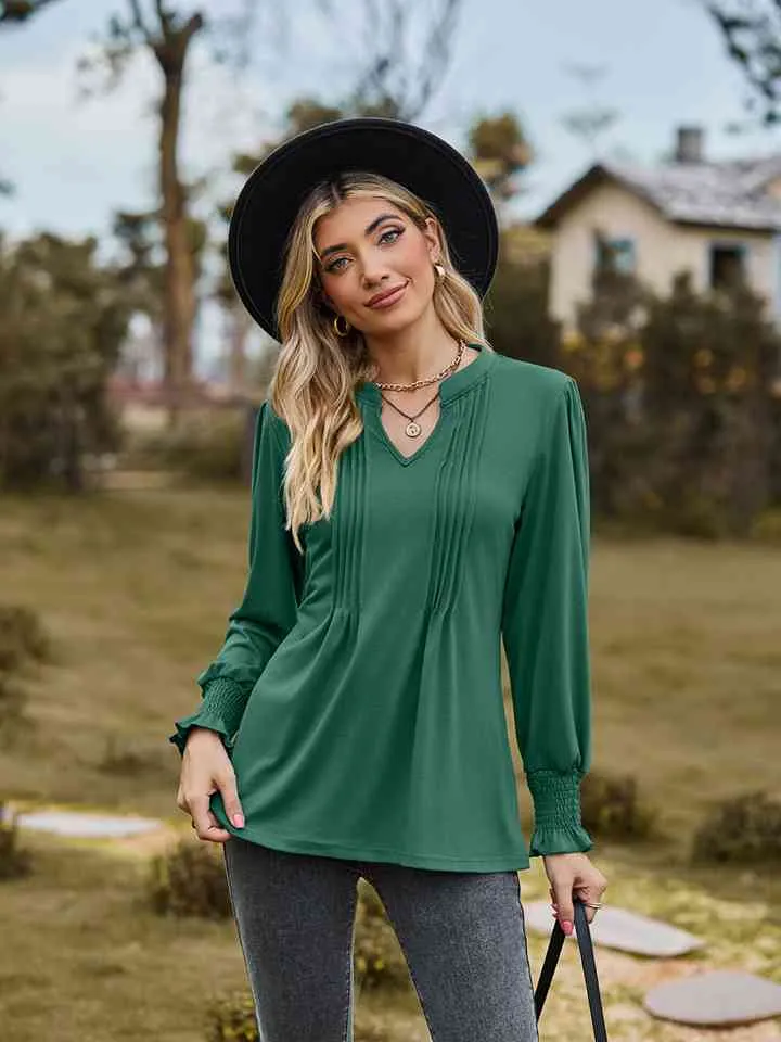 Draden Notched Neck Flounce Sleeve Blouse