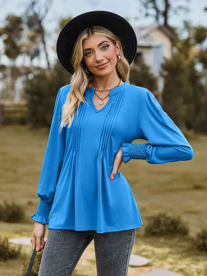 Draden Notched Neck Flounce Sleeve Blouse