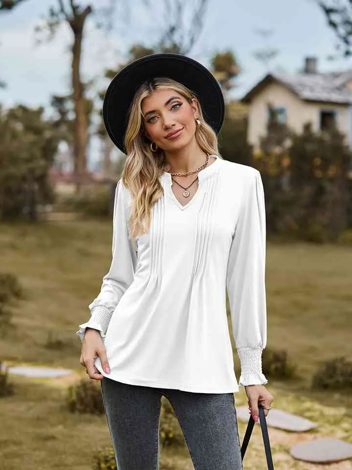Draden Notched Neck Flounce Sleeve Blouse